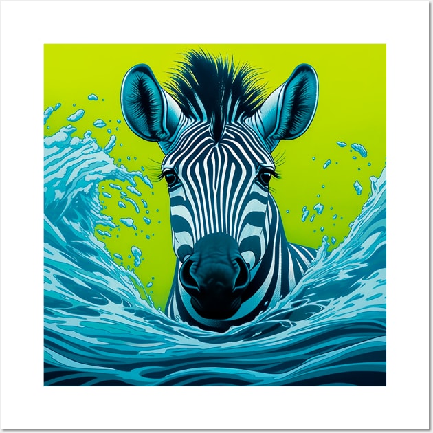 Zebra splashes water while swimming Wall Art by Chromatic Currents